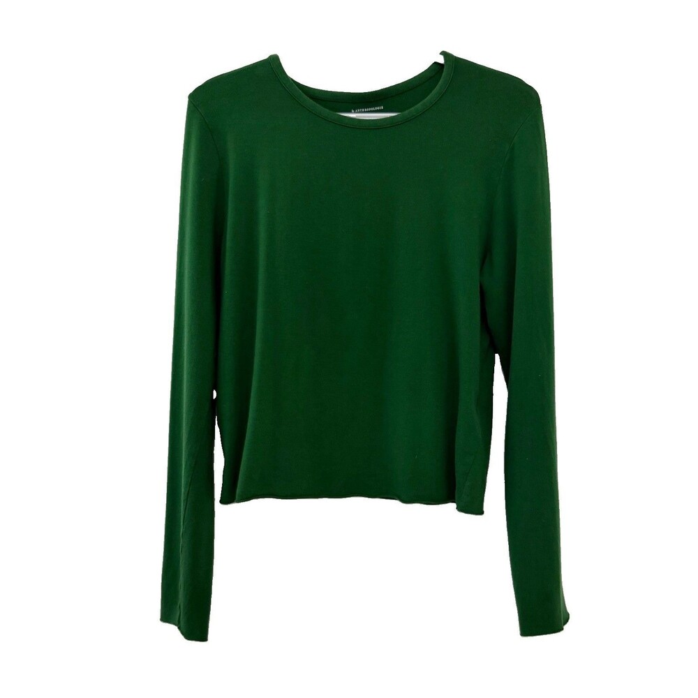 Anthropologie Womens Medium Green Long Sleeve Knit Top Raw Edge Stretch Crew